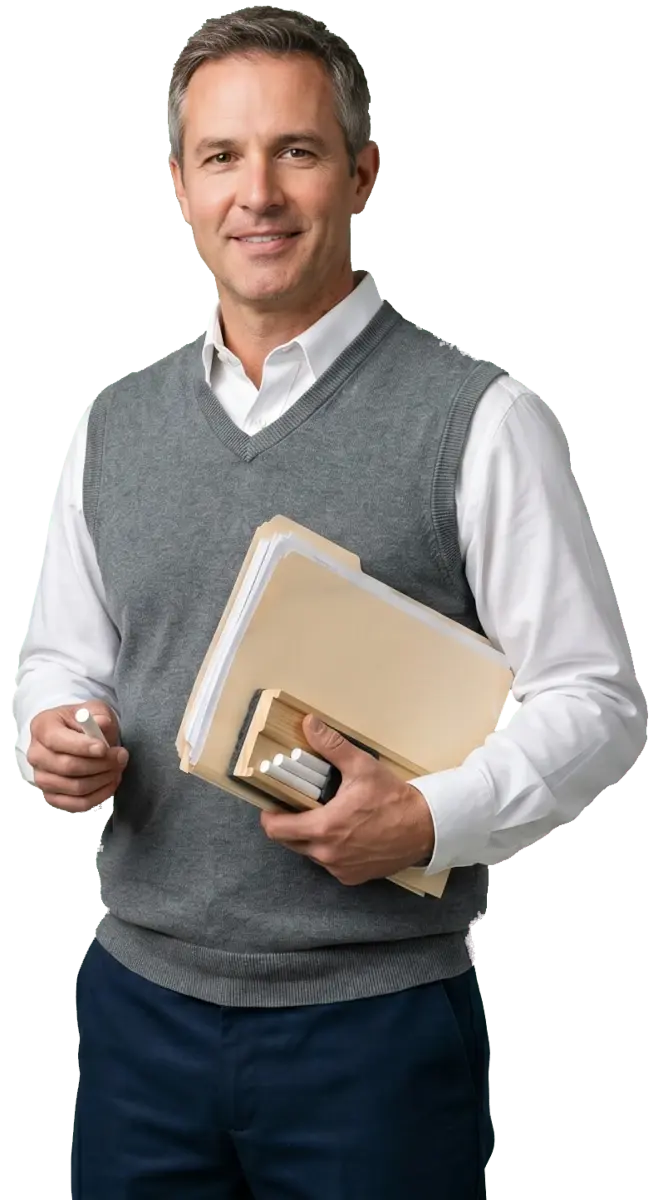 Profesor interino sonriendo con su carpeta de docencia